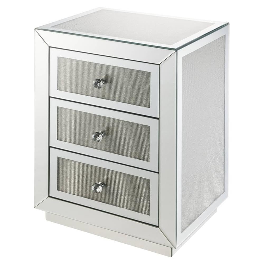 Acme Noralie Glass Nightstand with 3 Drawers in Mirrored and Faux Diamonds
