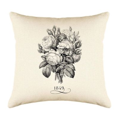 Di Lewis Vintage Floral Throw Pillow Cushion Cover - 20x20 - Decorative French Rose Bouquet 1849 - Woven Cotton Blend  Couch, Bed, Sofa - Linen Cream