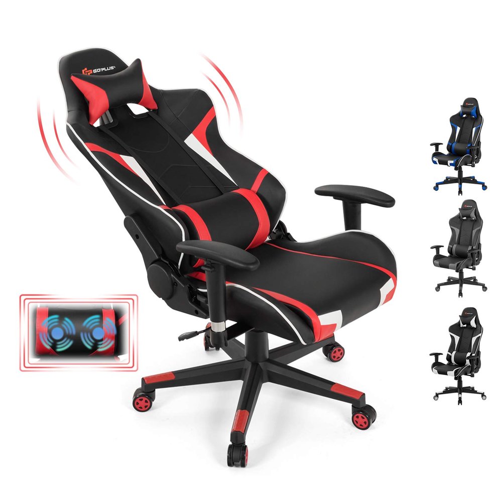 Goplus Gaming Massage Office Chair, High Back PU Leather Adjustable Arms Headrest Ergonomic Reclining Racing Chair, Rolling Swivel Executive Computer Chair
