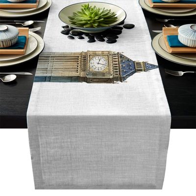 Modern Table Runner 14x72inch Cotton Linen Runners for Kitchen Dining Living Room Wedding PartyTable Decor, London Big Ben Monument Scene Simple Style
