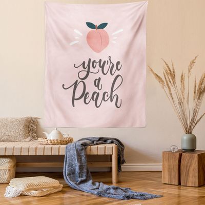 Ambesonne Fruit Tapestry Twin Size, You're a Peach Typography and Leaves Healthy Food in Pastel Tones, Wall Hanging Bedspread Bed Cover Wall Decor, 68" X 88", Coral Pale Eggshell