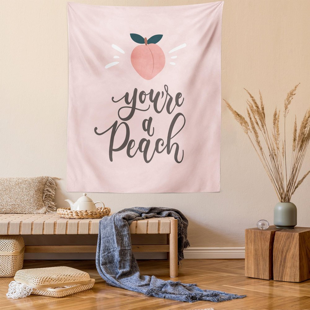 Ambesonne Fruit Tapestry, You're a Peach Typography and Leaves Healthy Food in Pastel Tones, Fabric Wall Hanging Decor for Bedroom Living Room Dorm, 23" X 28", Coral Pale Eggshell