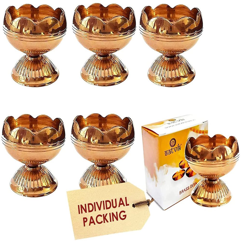 SATVIK 10 Pc Brass Diya for Diwali Decoration. Handmade Oil Lamp with Golden Engraved Made of Virgin Brass Metal. Diwali Diya Vilakku for Puja Pooja. Traditional Indian Deepawali Gift Items