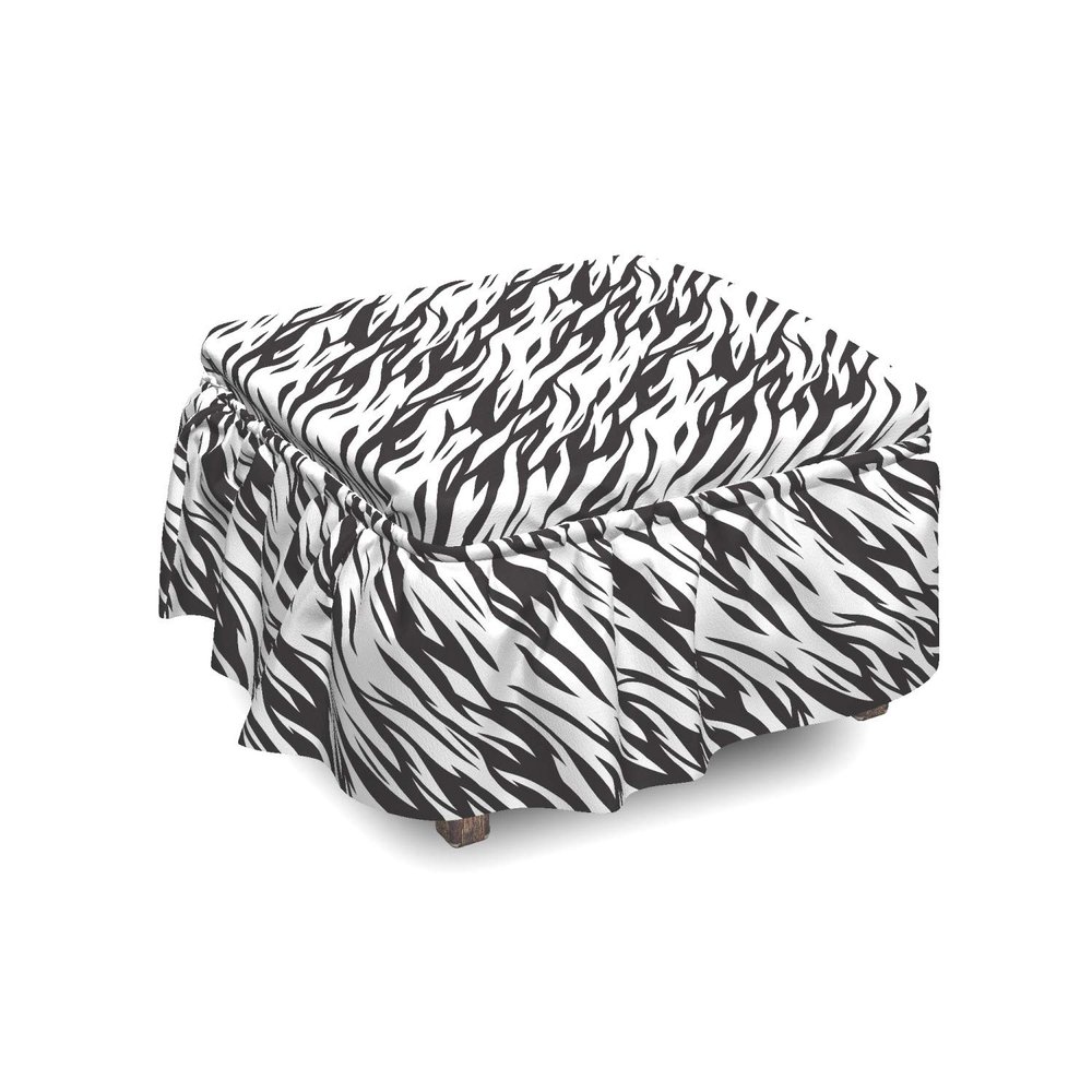 Ambesonne Zebra Print Ottoman Cover, Exotic Savanna Stripy, 2 Piece Slipcover Set with Ruffle Skirt for Square Round Cube Footstool Decorative Home Accent, Standard Size, Grey Charcoal