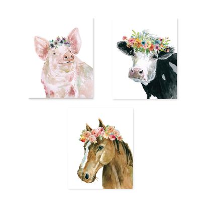 Renditions Gallery Farm Animal Pig, Cow and Horse Nursery Wall Art Fine Giclee Print Poster Set of 3, 12x18