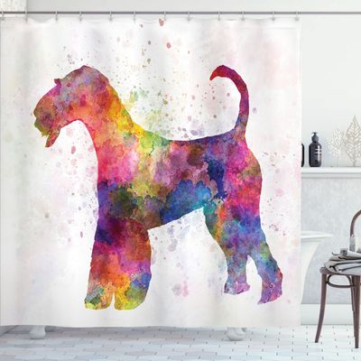 Ambesonne Airedale Shower Curtain, Funny Watercolor Splash Terrier Silhouette Pattern, Cloth Fabric Bathroom Decor Set with Hooks, 69" W x 75" L, Pink Multicolor
