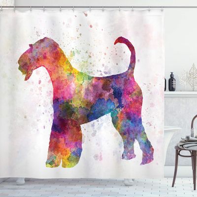 Ambesonne Airedale Shower Curtain, Funny Watercolor Splash Terrier Silhouette Pattern, Cloth Fabric Bathroom Decor Set with Hooks, 69" W x 84" L, Pink Multicolor
