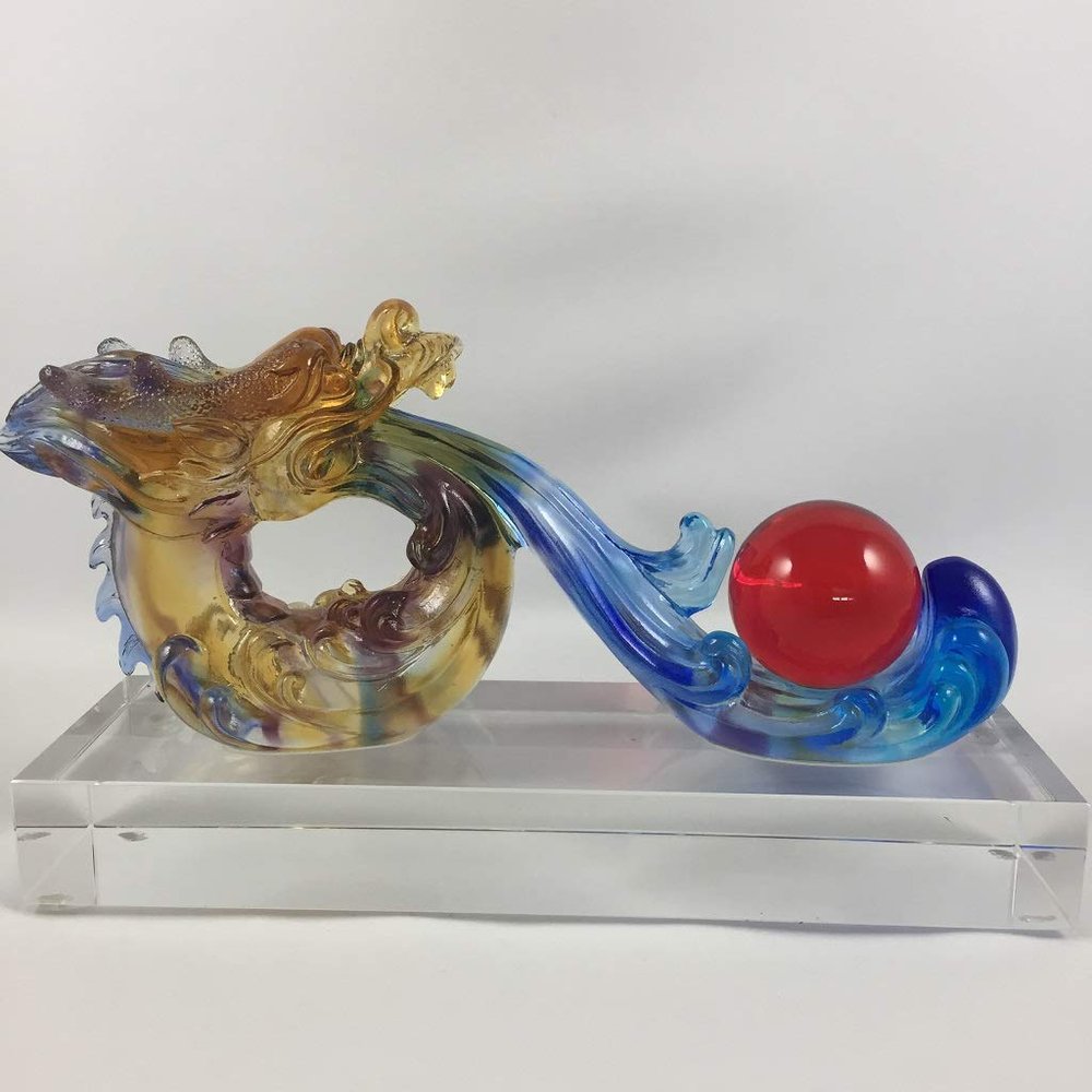 Amore Jewell Auspicious Dragon Ru-Yi with red Ball Fengshui Decoration Ornament Gift for Home & Office (Liuli Crystal Glass)