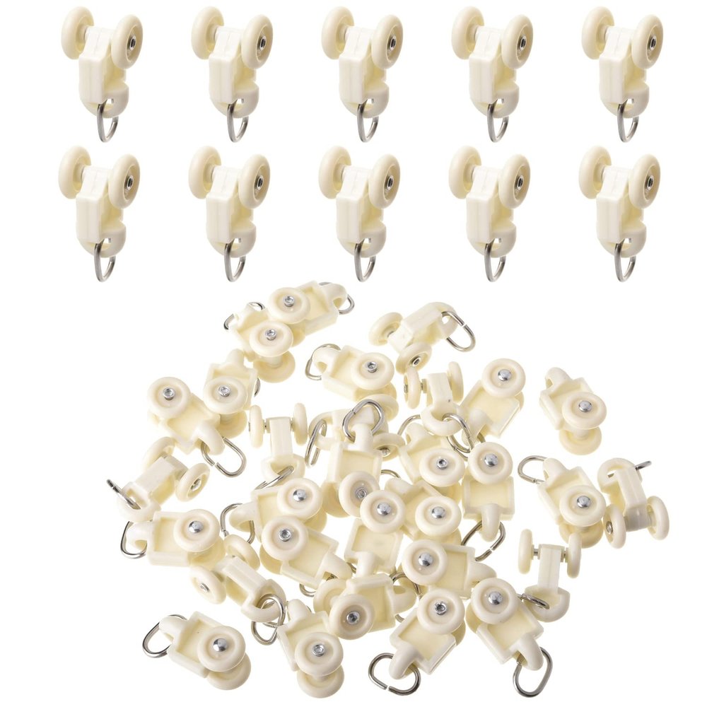 MroMax 100Pcs Curtain Track Rollers, 0.53" Dia Plastic Twin Wheeled Carriers Drapery Rail Sliding Glider for Windows Shower Curtain Tracks