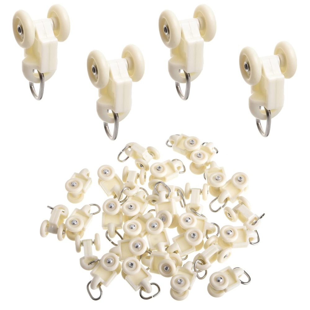 MroMax 50Pcs Curtain Track Rollers, 0.53" Dia Plastic Twin Wheeled Carriers Drapery Rail Sliding Glider for Windows Shower Curtain Tracks