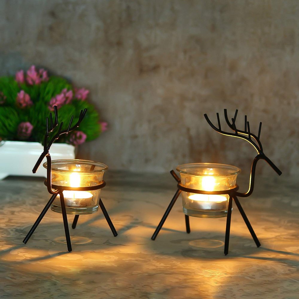 Webelkart Iron Christmas Reindeer Tealight Holder for Christmas Decorations (Pack of 2)