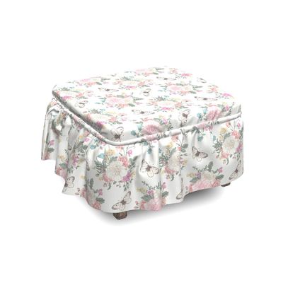 Lunarable Shabby Flora Ottoman Cover, Spring Flora and Fauna, 2 Piece Slipcover Set with Ruffle Skirt for Square Round Cube Footstool Decorative Home Accent, Standard Size, Pale Pink