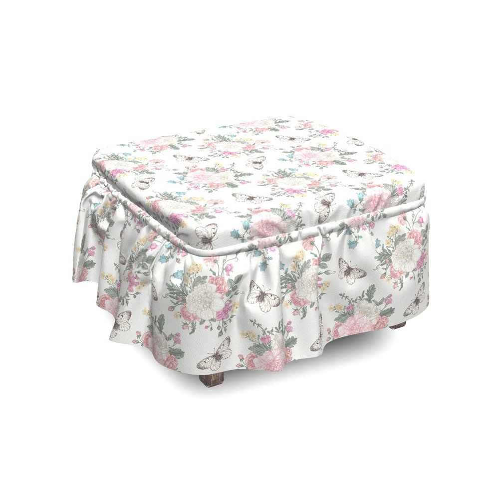 Lunarable Shabby Flora Ottoman Cover, Spring Flora and Fauna, 2 Piece Slipcover Set with Ruffle Skirt for Square Round Cube Footstool Decorative Home Accent, Standard Size, Pale Pink