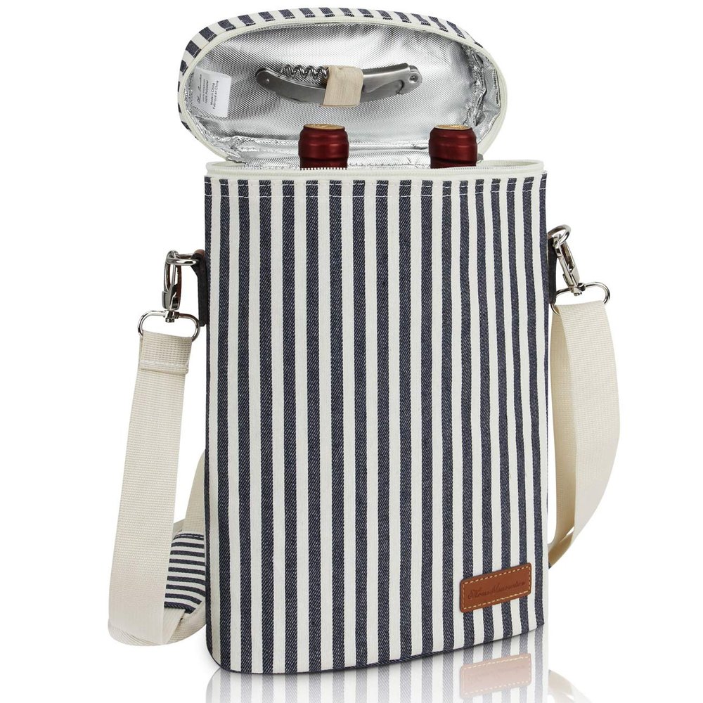 ZORMY 2 Bottle Wine Tote Carrier, Dark Blue, 750 mL Capacity, Polyester Material, With Shoulder Strap and Corkscrew