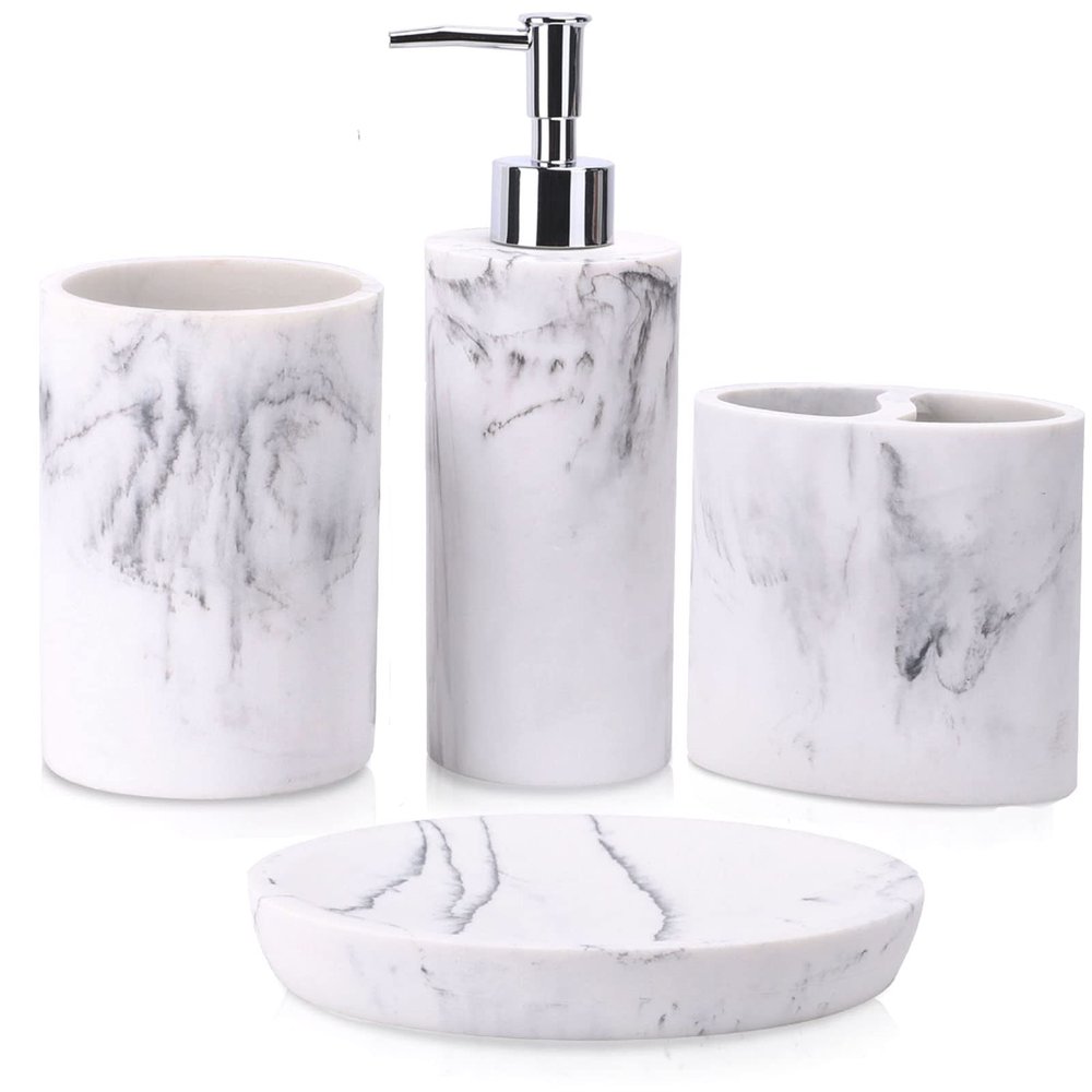 ZCCZ Bathroom Accessory Set, 4 Pcs Marble Look Bathroom Vanity Countertop Bathroom Dcor Sets Accessories with Soap Dispenser, Toothbrush Holder Set, Tumbler, Soap Dish