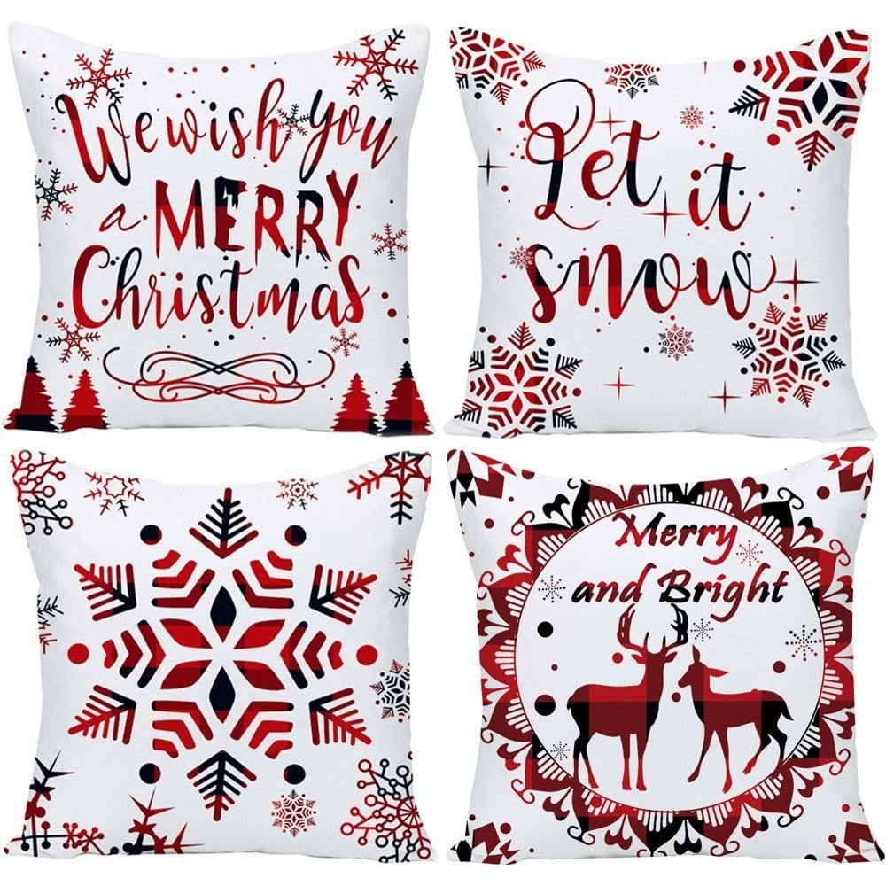 WILPROO Red and Black Buffalo Plaid Pillow Covers 18x18 Set of 4 Merry Christmas Deer Snowflake Pine Tree Castle Forest Velvet Square Throw Pillow Cases Decorative Cushion Pillowcase Sofa 18x18 Inches