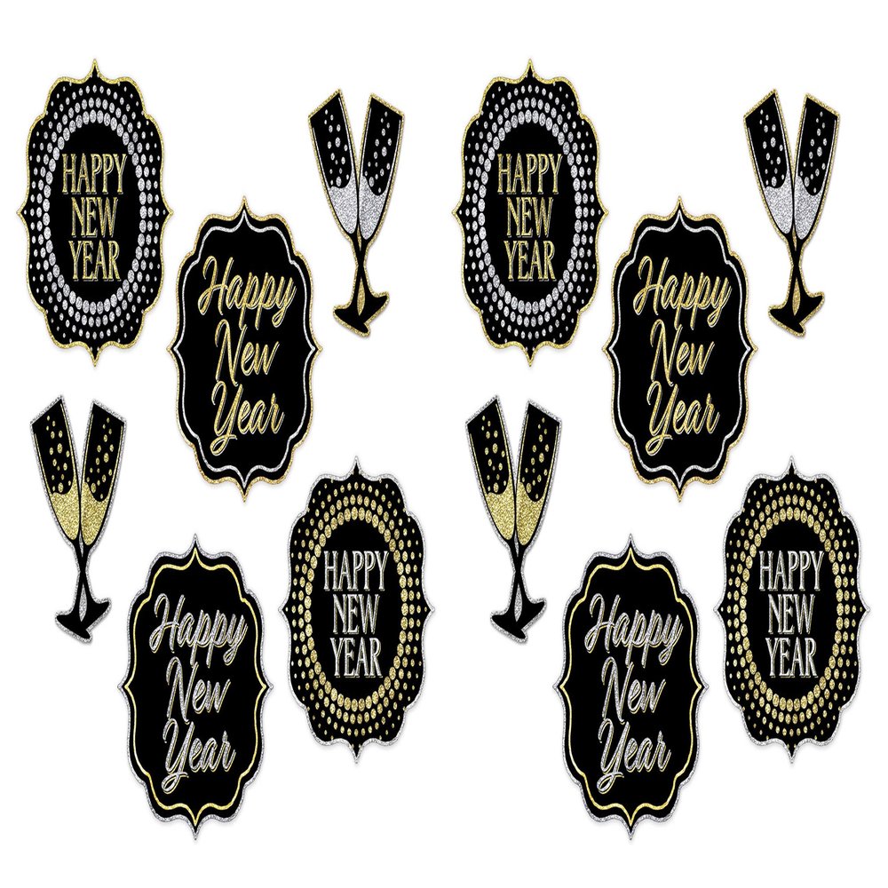 Beistle Prismatic Happy New Year's Eve Party Signs 12 Piece Wall Decorations, 7.5" - 10", Black/Gold/Silver