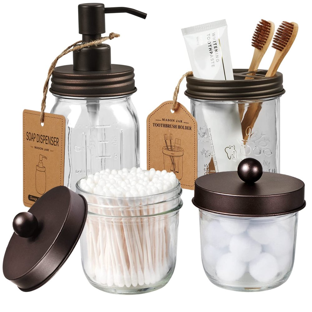 Amolliar Mason Jar Bathroom Accessories Set(4 Pack) -Bronze-Lotion Soap Dispenser&Qtip Holder Set&Toothbrush Holder-Rustic Farmhouse Decor Apothecary Jar Bathroom Countertop,Vanity Organize (Bronze)