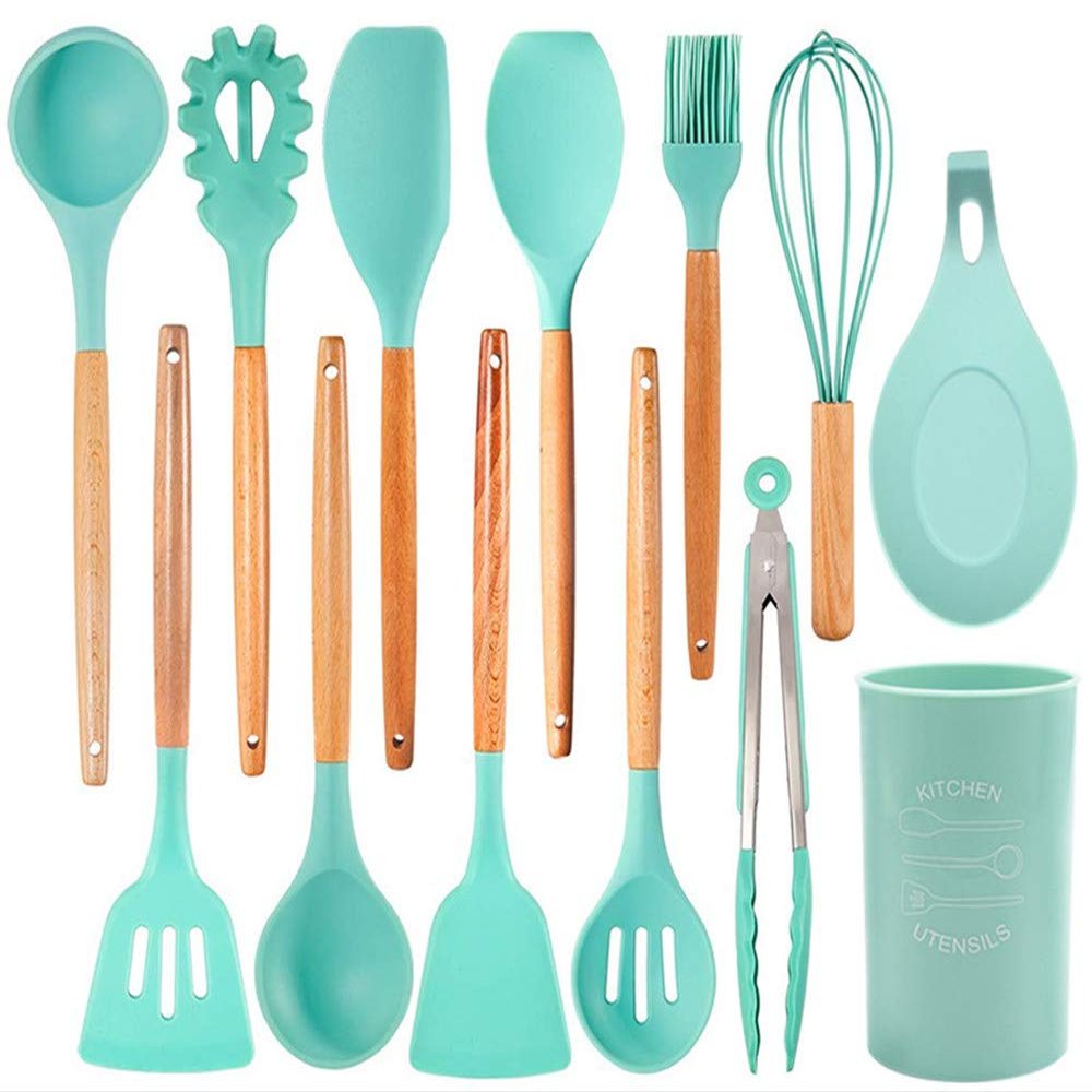 12-Piece Silicone Kitchen Utensil Set,Kitchen Utensil Set,Heat-Resistant, with Hard Wooden Handles,Non-Stick/Easy to Clean/BPA-Free,Including Tongs, scraper, spoon and soup ladle etc.