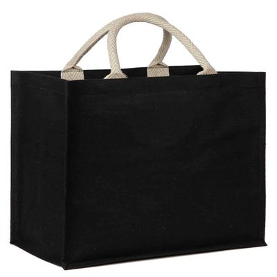 Pack of 100 -Black Color Jute/Cotton Blend Bag with Patterned w/Stuffed Cotton Handles Size 13.5"W x 13"H x 8"Gusset- CarryGreen Bags