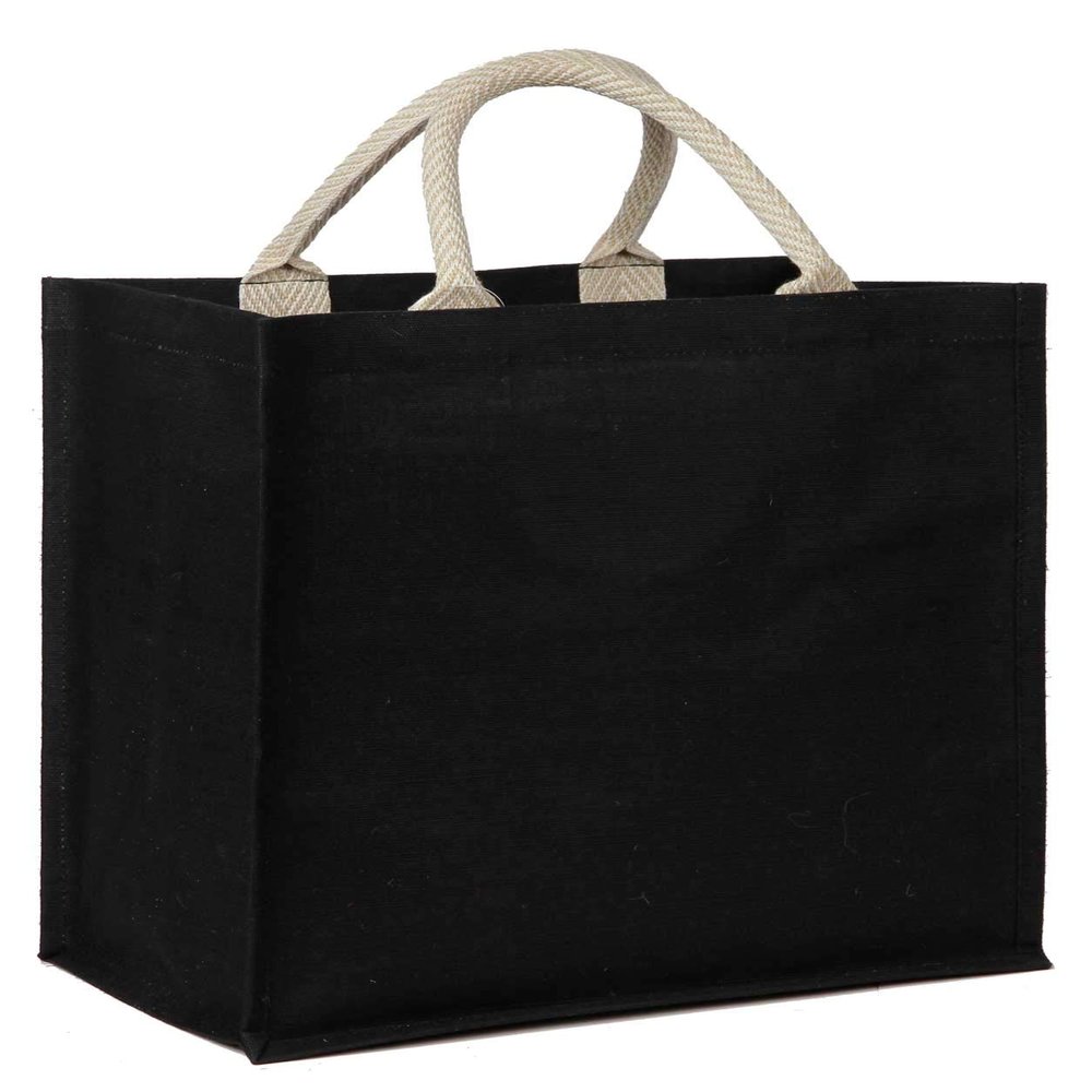 Pack of 100 -Black Color Jute/Cotton Blend Bag with Patterned w/Stuffed Cotton Handles Size 13.5"W x 13"H x 8"Gusset- CarryGreen Bags