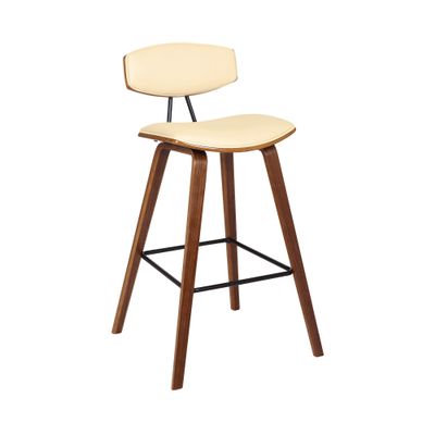 Armen Living Fox 28.5" Bar Height Cream Faux Leather and Walnut Wood Mid-Century Modern Bar Stool