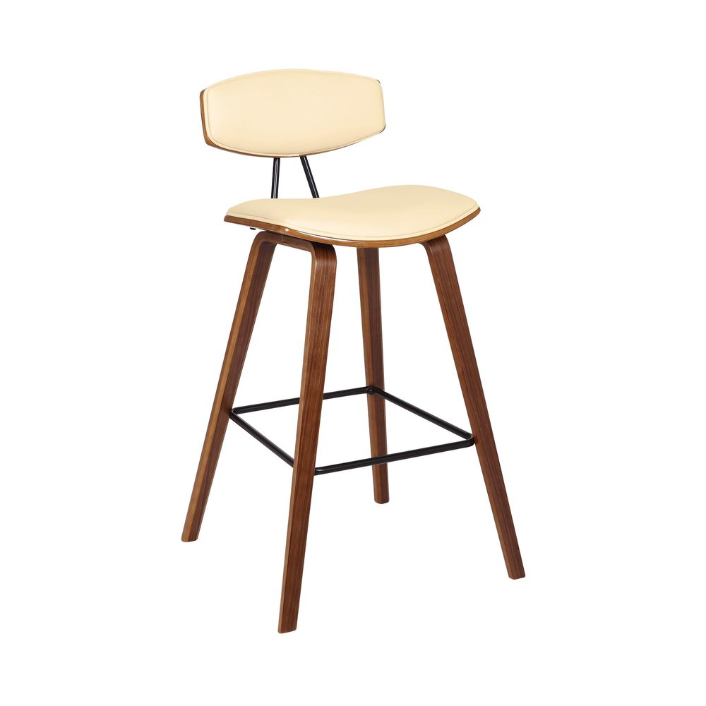 Armen Living Fox 28.5" Bar Height Cream Faux Leather and Walnut Wood Mid-Century Modern Bar Stool