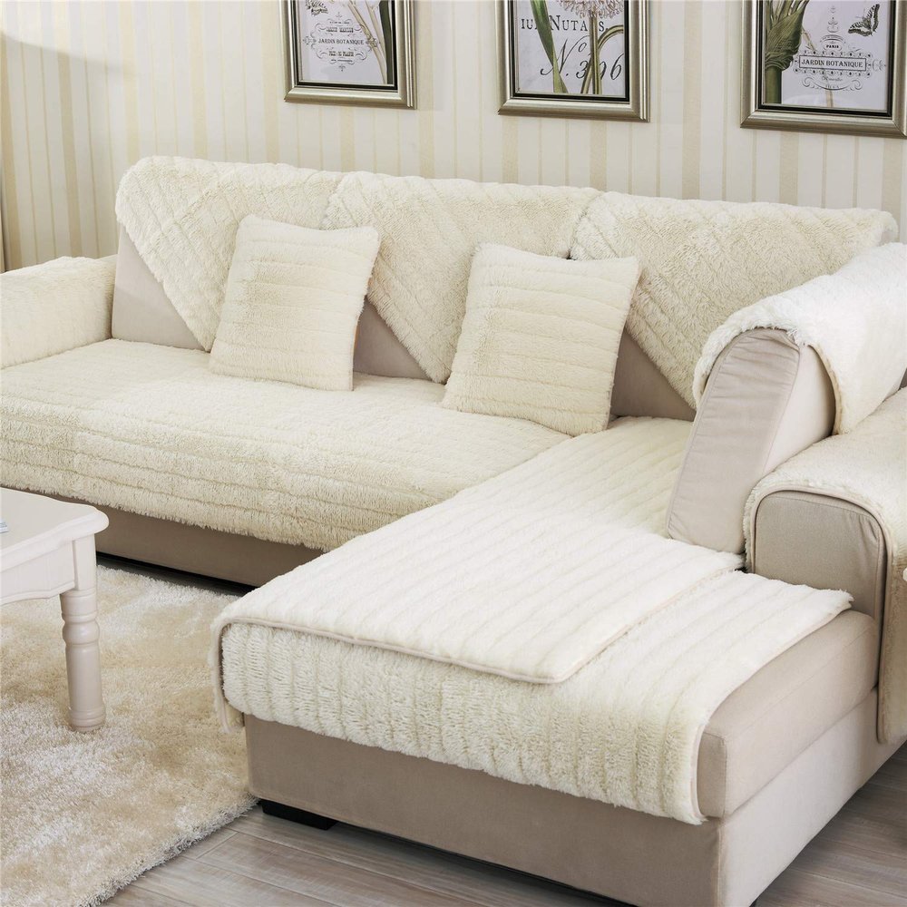 28x94inch Plush Furniture Protector Couch Slipcover Modern Luxury Sofa Loveseat Recliner Cover Machine Washable Cream White Faux Fur Anti Slip Sofa Slipcover Pet Dog Friendly One Piece