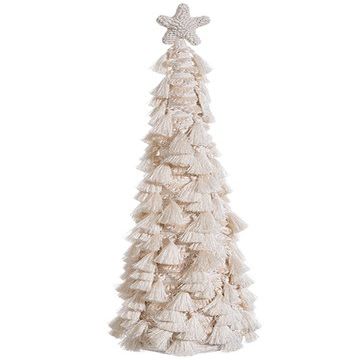 27" Yarn Tassel Cone Topiary with Star Topper White (Pack of 2)