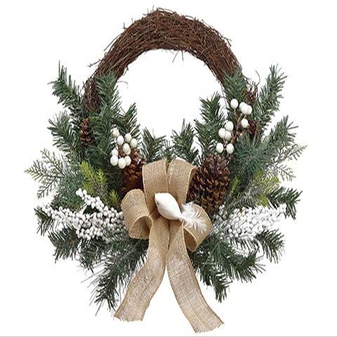 22" Bird/Pine Cone/Berry/Pine Falf Wreath White Brown (Pack of 6)