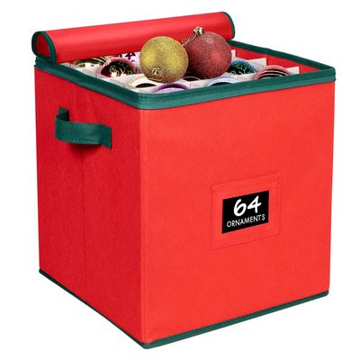 HOLDN STORAGE Christmas Ornament Storage Box Christmas Decor Storage Containers that Store up to 64 3 x 3 Holiday Xmas Ornaments Adjustable Compartment To Fit Many Sizes Ornaments Red