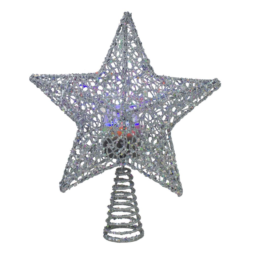 LED Lighted Silver Star Christmas Tree Topper with Rotating Multicolor Lights - 13"