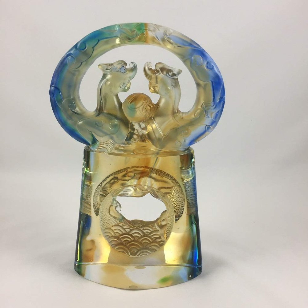 Amore Jewell Twin-Dragon Flying in The Sky Fengshui Decoration Ornament Gift for Home & Office (Liuli Crystal Glass)