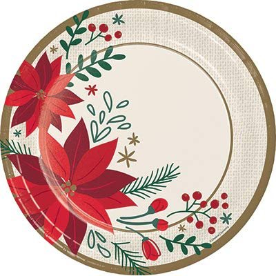 Baxter Distributing Winter Season Christmas Party Decorations, Modern Poinsettia Printed 10 Inch Round Paper Plates, Box of 96