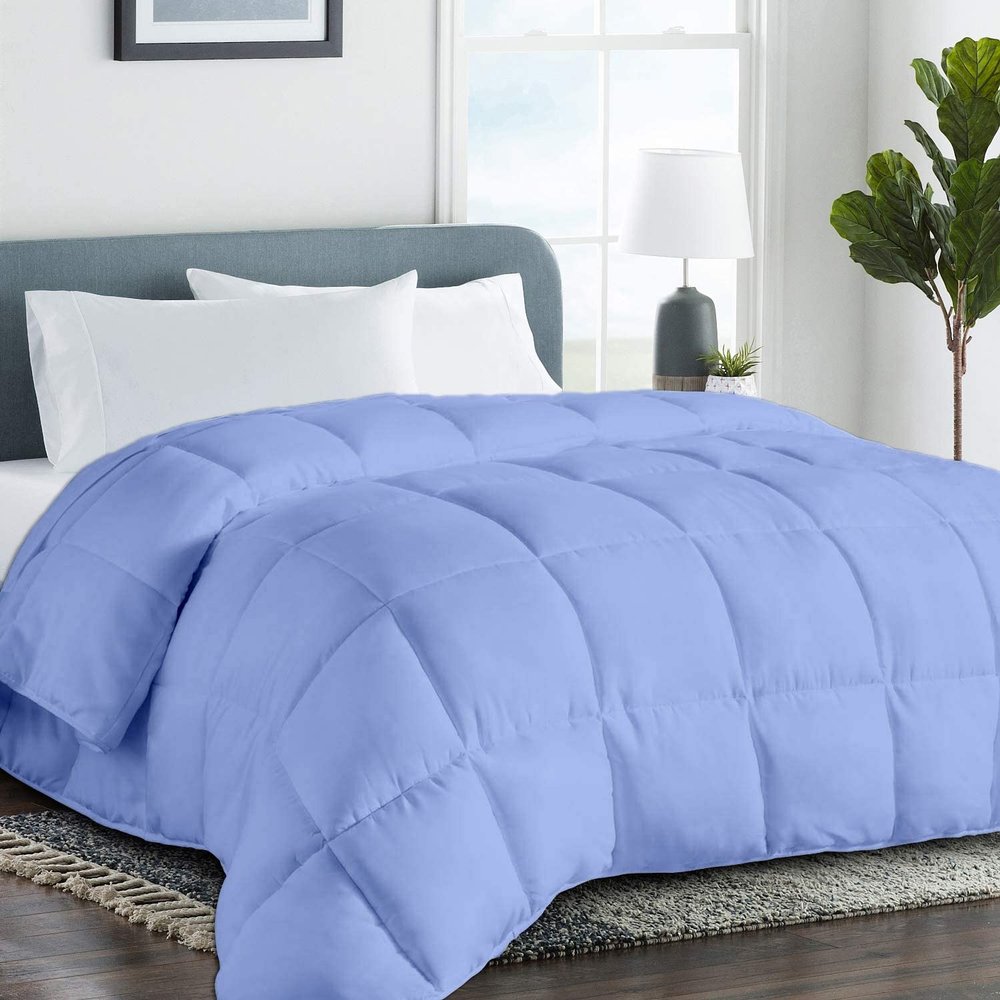 Saferay Green Bedding Quilted Comforter - 1 Piece Down Alternative Bed Comforter Duvet Insert with Corner Tabs, All Season, Breathable, Soft, Lightweight, Grand King Size, 106"x 106" - Light Blue