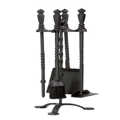 Dagan Five Piece Wrought Iron Fireplace Tool Set - 21.75 Inch Tall, Black-Finished Fireplace Tools with Stand, Brush, Fire Poker, Ash Shovel and Scraper (DG-1105)