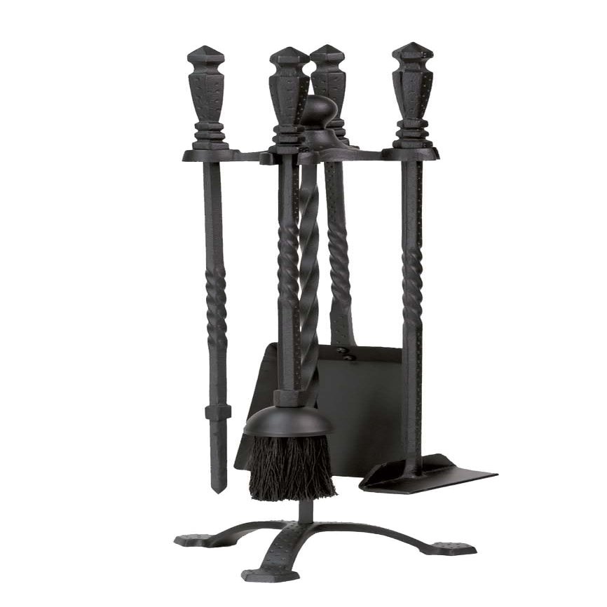 Dagan Five Piece Wrought Iron Fireplace Tool Set - 21.75 Inch Tall, Black-Finished Fireplace Tools with Stand, Brush, Fire Poker, Ash Shovel and Scraper (DG-1105)