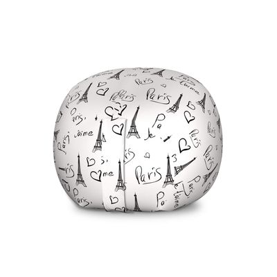 Ambesonne Paris Storage Toy Bag Chair, World Capital City of Love French European Hand Drawn Sketch Eiffel Illustration, Stuffed Animal Organizer Washable Bag, Large Size, White and Black