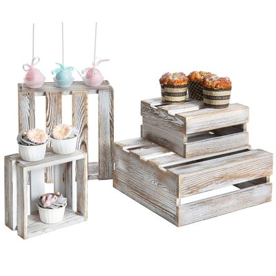 MyGift Shabby Whitewashed Wood Cake Stand, Decorative Dessert, Bakery, Cupcake and Appetizer Riser Stand, Wooden Nesting Organizer Storage Crates, Set of 4