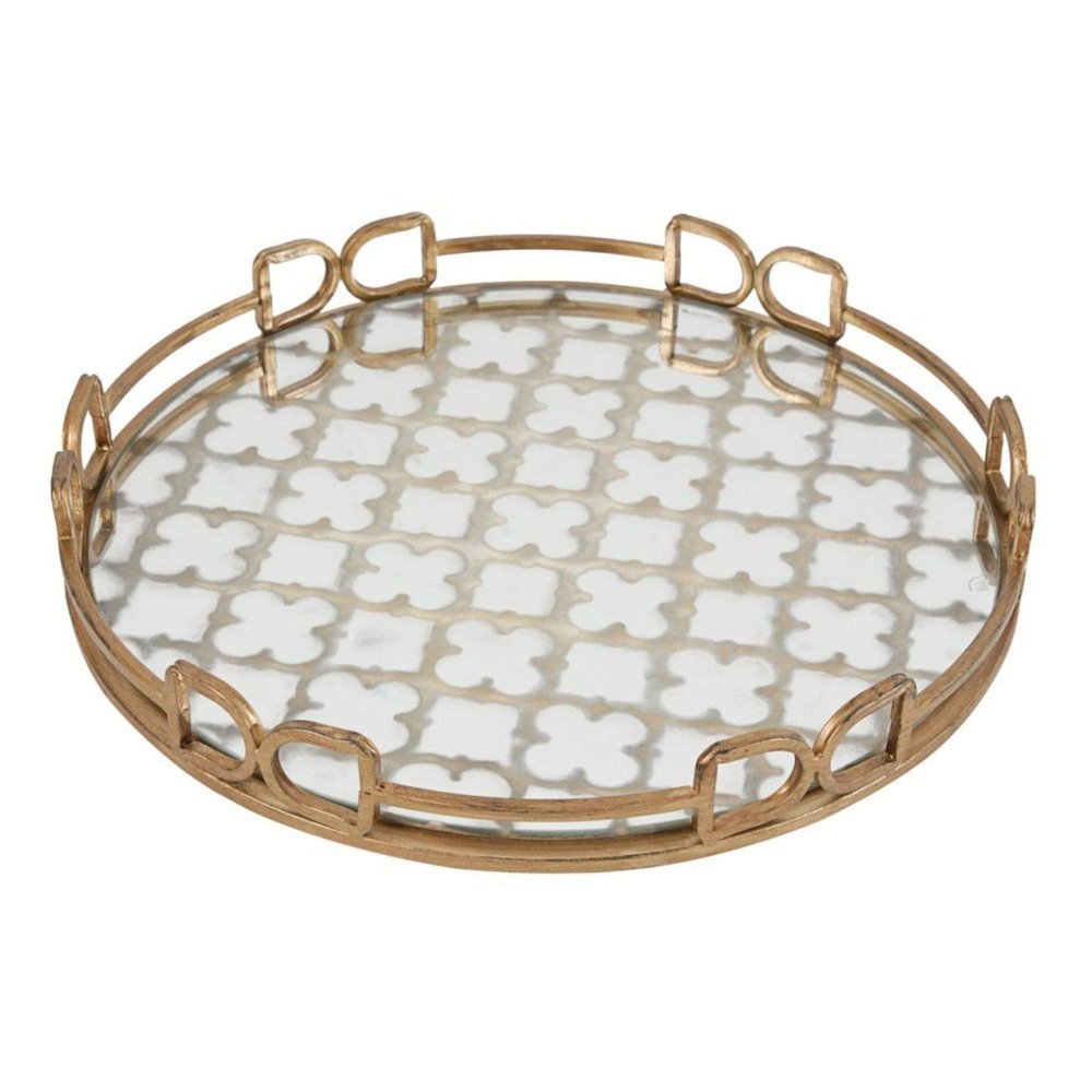 Medium Geometric Mirror Glass Round Tray - 16" - Gold