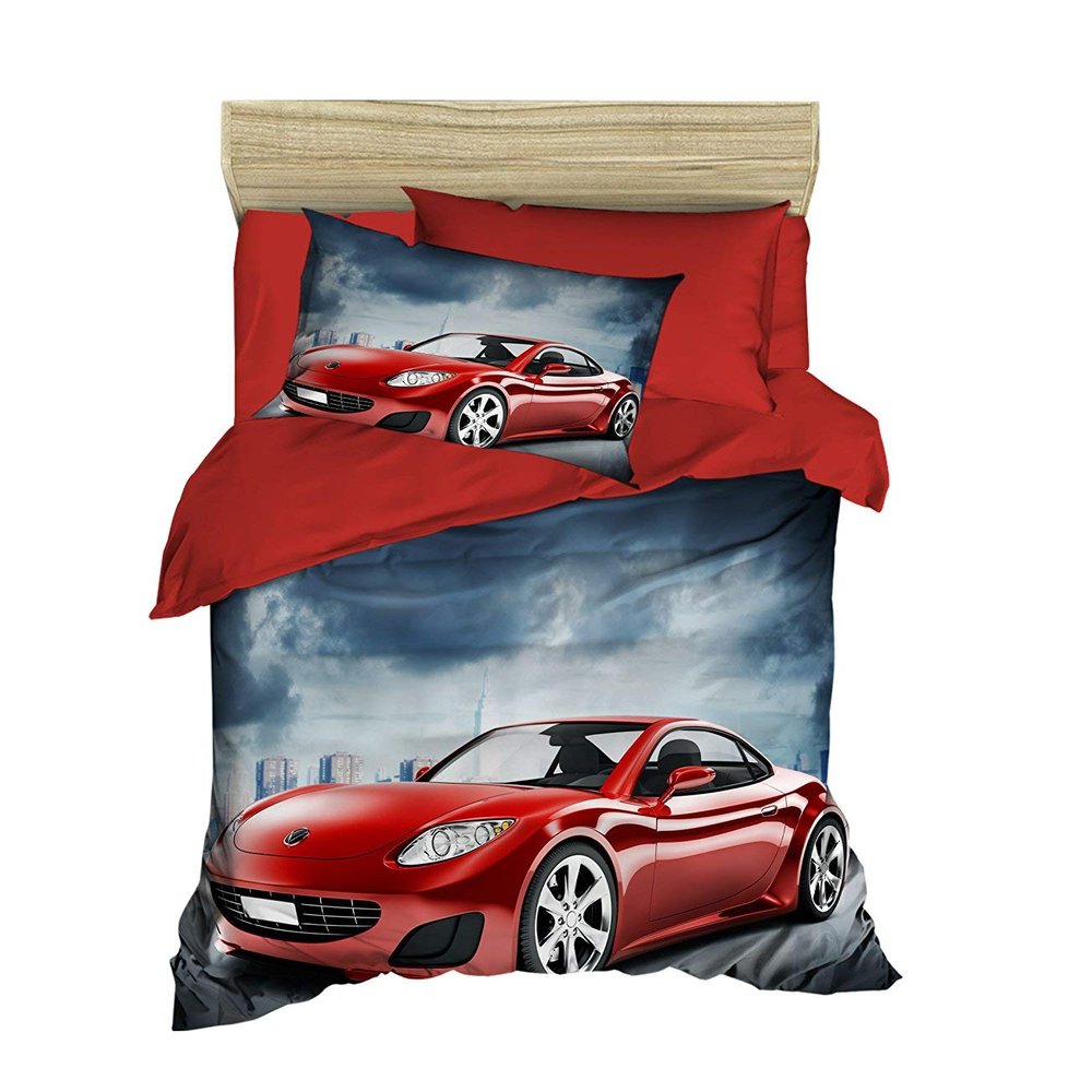 100% Cotton Cars Bedding Set, Red Car Themed Twin Size Quilt/Duvet Cover Set, Red, Boys Bed Set, No Flat or Fitted Sheet (3 Pieces)