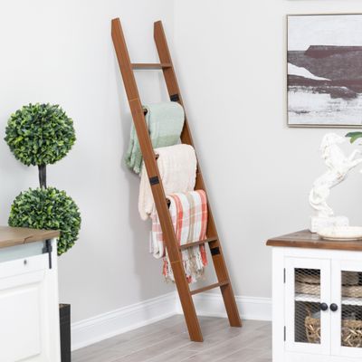 Blanket Ladder for Living Room and Bedroom, 5ft 8 inch, 6-Tier Wall Leaning Laminate No-Snag Construction (Brown) Rustic Decorative Farmhouse Blanket Storage, Quilt Rack, Ladder Shelf, Easy Assembly
