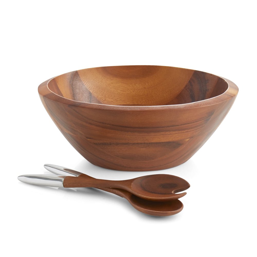 Namb Eclipse Salad Bowl & Server Set (12.5) Acacia Wood & Alloy Serving Bowl with Sculptural Design Modern Dining Tableware for Salads, Pasta & Side Dishes Elegant Home Serveware