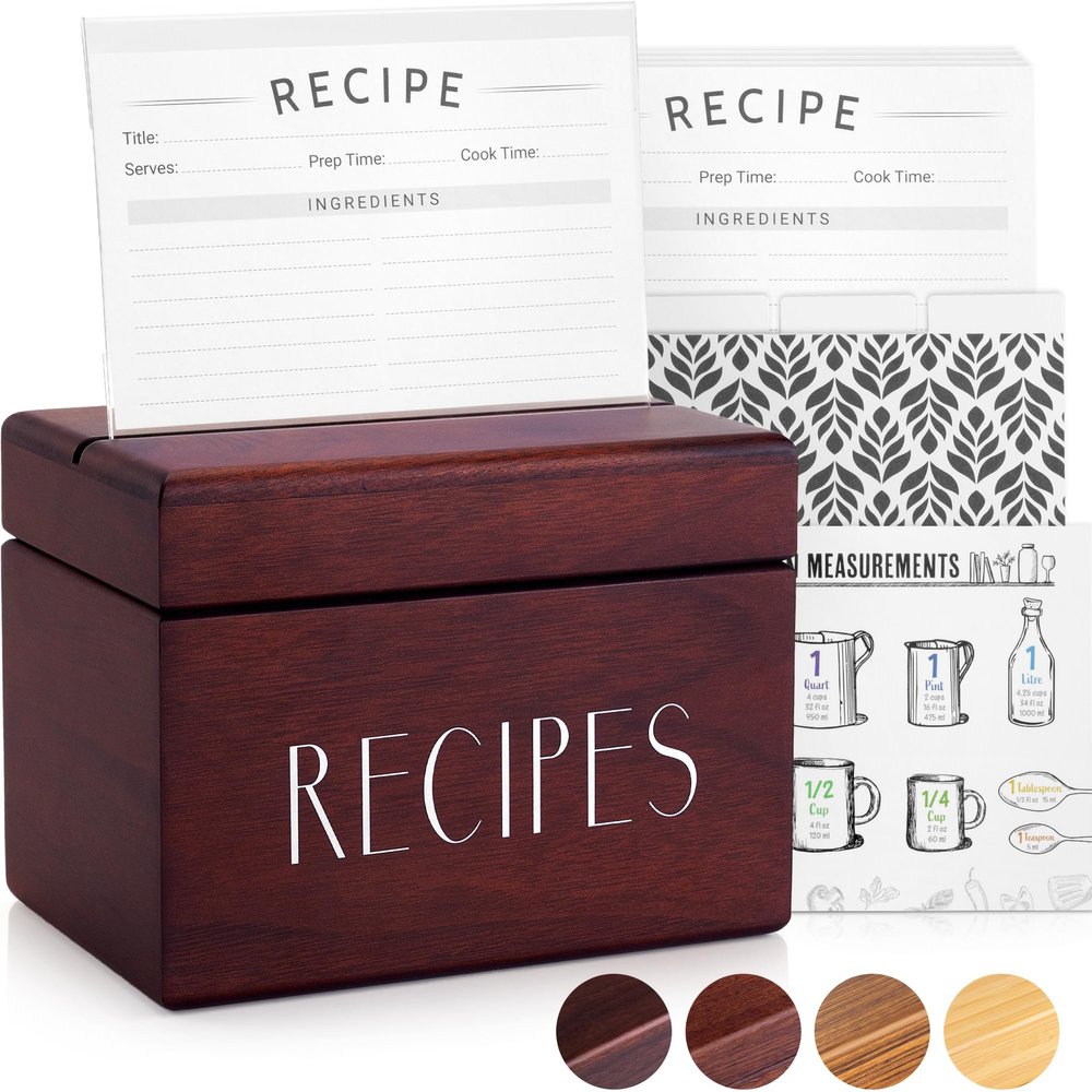Apace Living Recipe Box with 50 Recipe Cards and Dividers - Vintage Style Sapele Wood 4x6 Recipe Holder Card Box - Exclusively from the Premier Collection - Fits 240 Cards