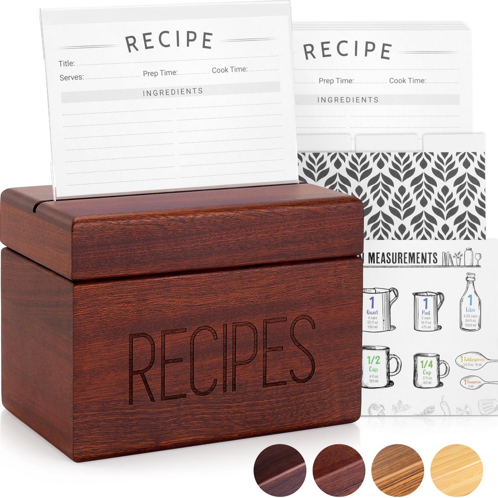 Apace Living Recipe Box with 50 Recipe Cards and Dividers - Vintage Style Sapele Wood 4x6 Recipe Holder Card Box - Exclusively from the Premier Collection - Fits 240 Cards