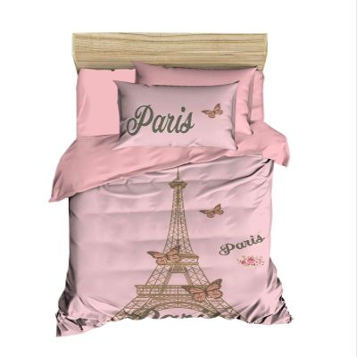 100% Cotton Paris Bedding Set, Eiffel Tower Themed Twin Size Quilt/Duvet Cover Set, Pink Bed Set, No Flat or Fitted Sheet (3 Pieces)