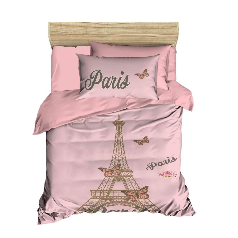 100% Cotton Paris Bedding Set, Eiffel Tower Themed Twin Size Quilt/Duvet Cover Set, Pink Bed Set, No Flat or Fitted Sheet (3 Pieces)