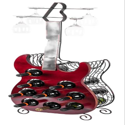 Vintiquewise Vintage Wood and Metal Guitar Shaped Wine Bottle Holder, Freestanding Decorative Rack for 9 Bottles, Unique Wine Gift, Unusual Gift for Wine Lovers, Idea