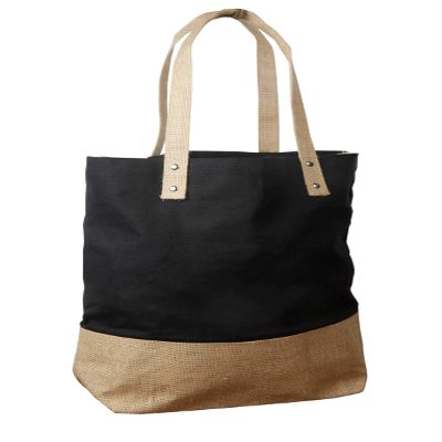 Pack of 12 -Black/Natural Two Tone Jute Bag with Cotton Trim and Jute Handles Size 16"W x 16"H x 5.5"Gusset- CarryGreen Bags