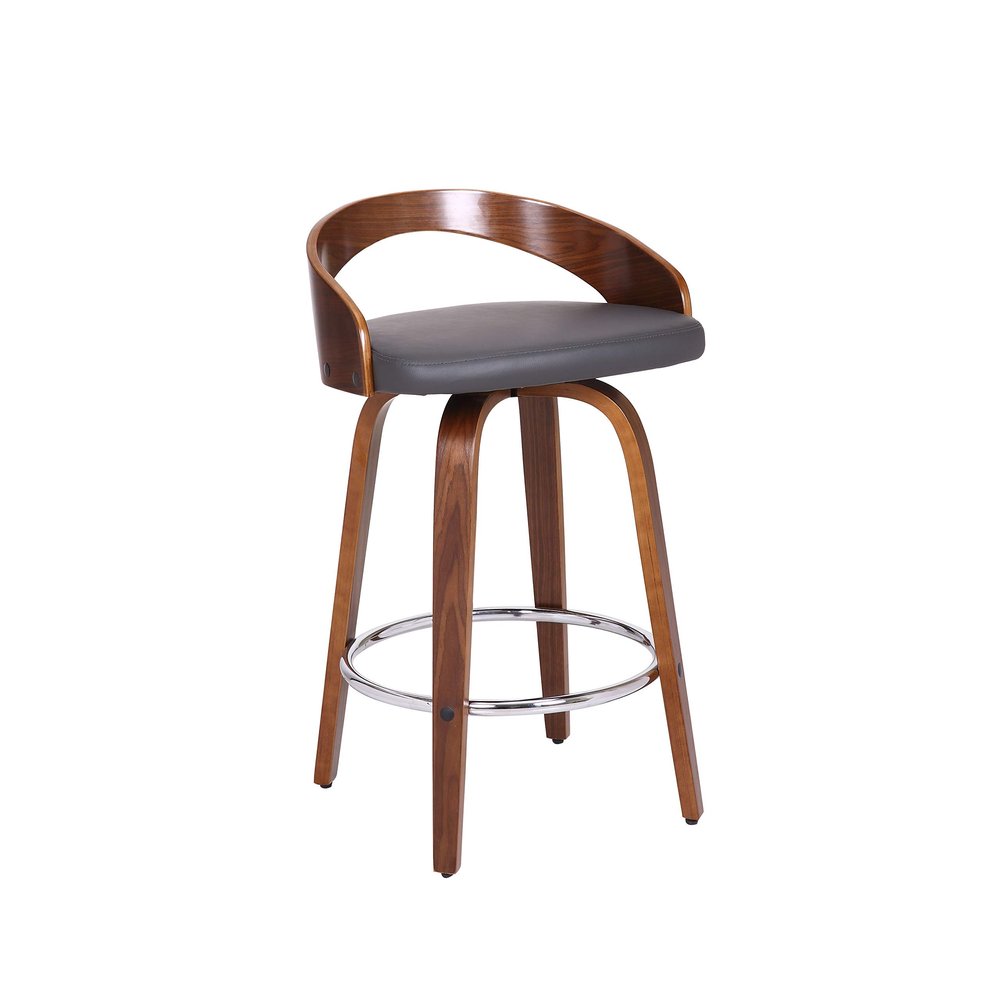 Armen Living Sonia 26" Counter Height Swivel Gray Faux Leather and Walnut Wood Bar Stool